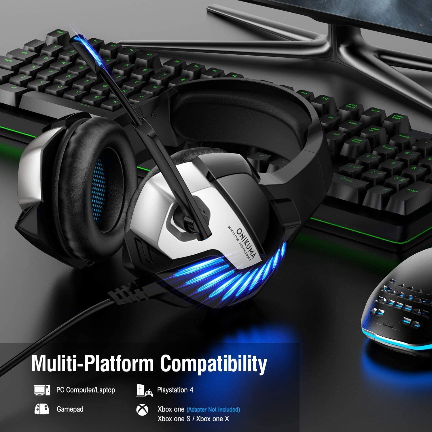 ONIKUMA K5 Pro Gaming Headset for PS5 PS4 Controller Xbox One (Adapter Not Included), Noise Cancelling Over Ear Headphones with Mic, 7.1 Surround Sound, Blue LED Light Headset for NS PC Mac Laptop