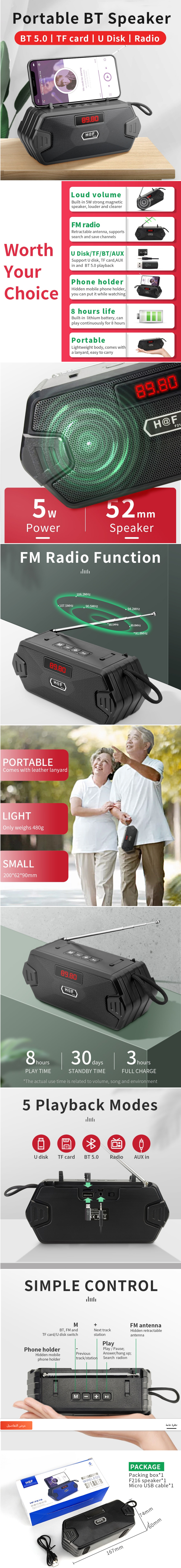 Portable HF-F216 BT 5.0 FM Radio Wireless Bluetooth Speaker