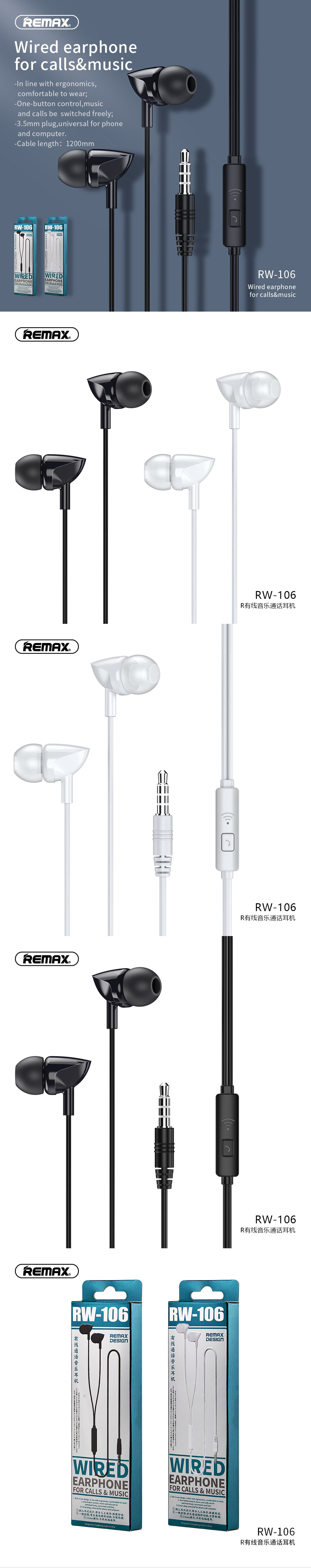 Remax RW-106 Wired Earphone For iPhone 6s 6 5s 5 Xiaomi Samsung Huawei Earbuds