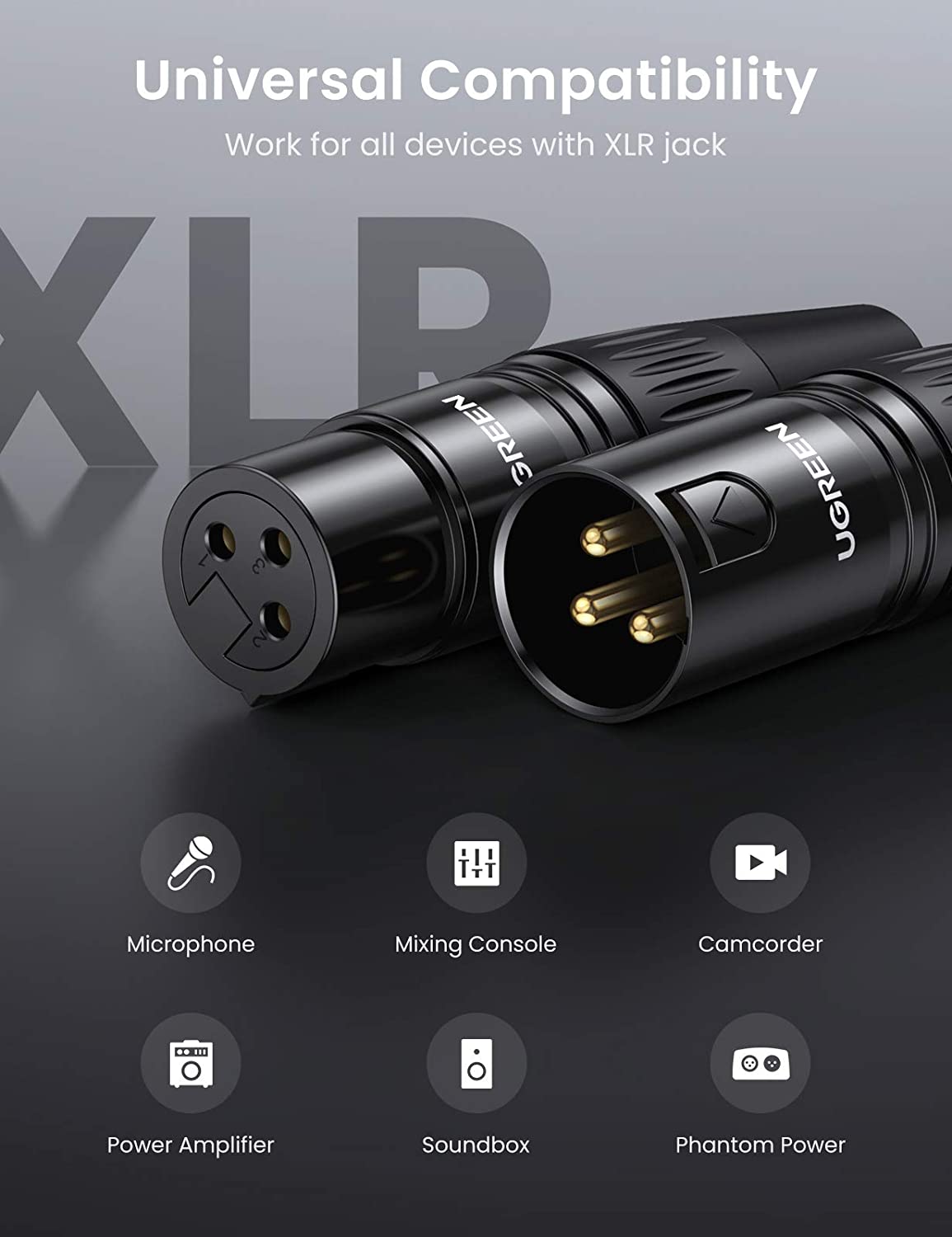 UGREEN AV162 Canon XLR Audio Connect Cable Male Microphone Adapter