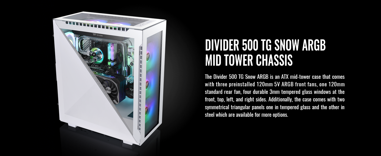 Thermaltake Divider 500 w/ 3x120mm ARGB Front + 1x 120mm Rear Fans + 2 Symmetrical Triangular Panels - White