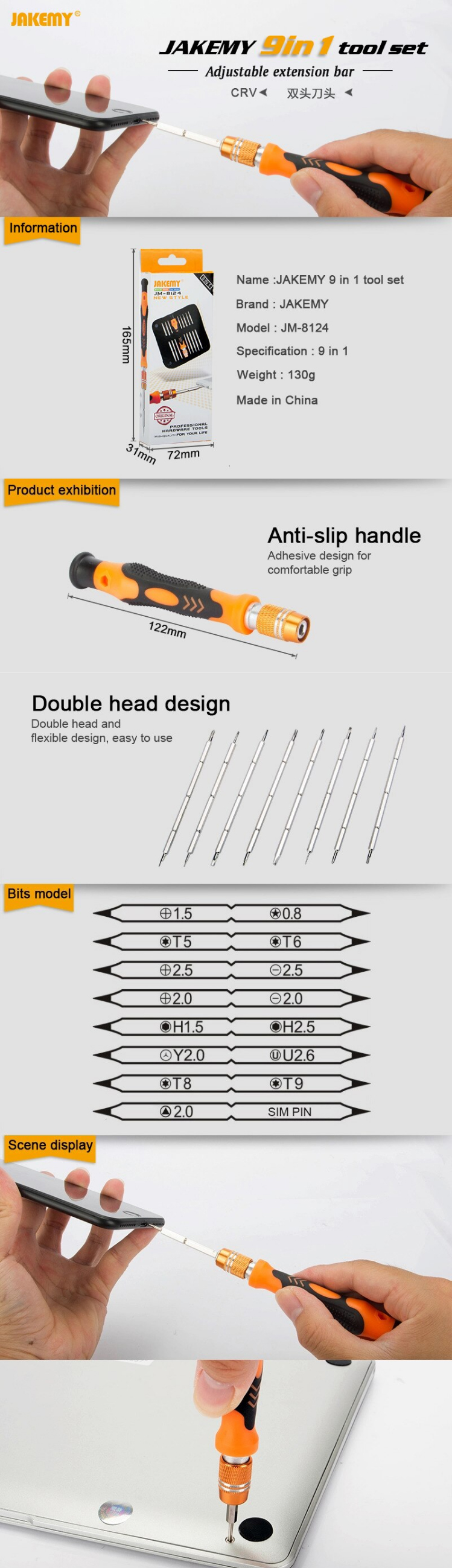 JAKEMY  JM-8124 Selling Small Screwdriver Set with Phillips Hex Slotted U-Shape