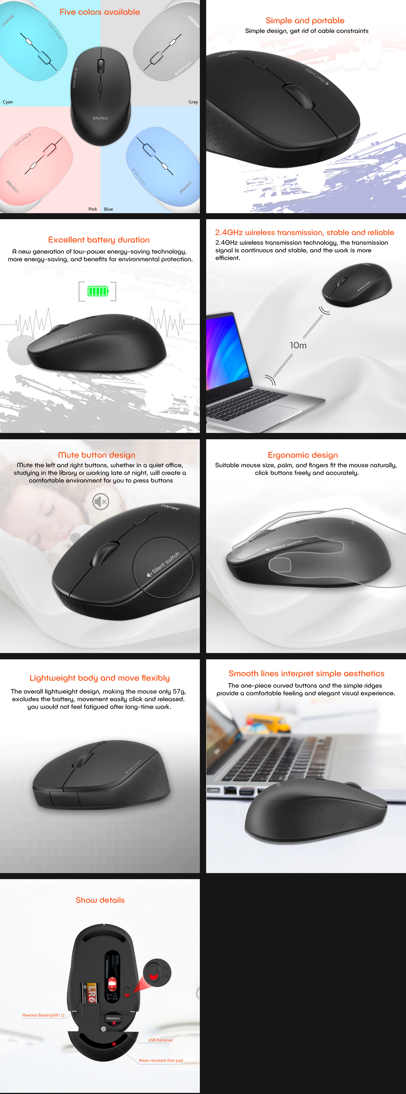 MeeTion R570 5 Colors Silent 2.4ghz Wireless Mouse