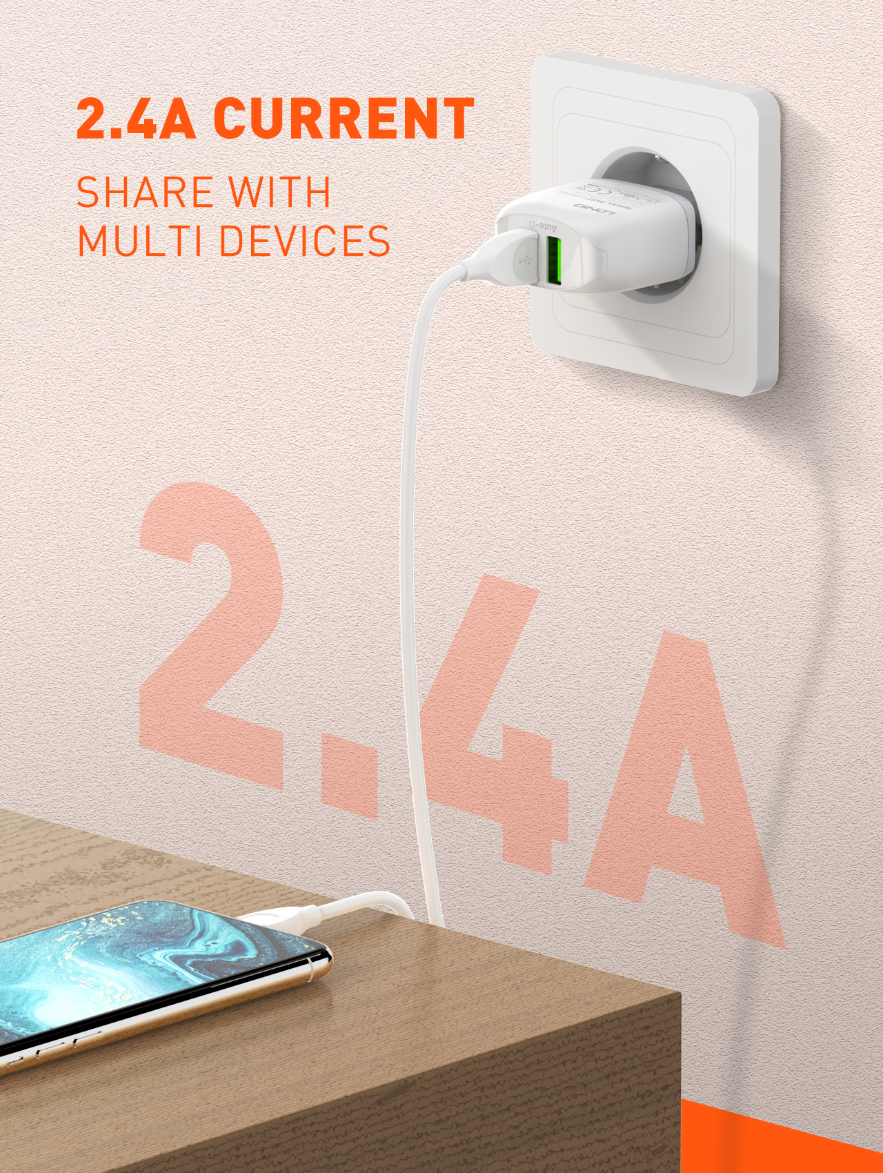 LDNIO Fast Wall Charger 2.4A Dual USB EU Plug (USB Type-C cable included) [ A2219 ]