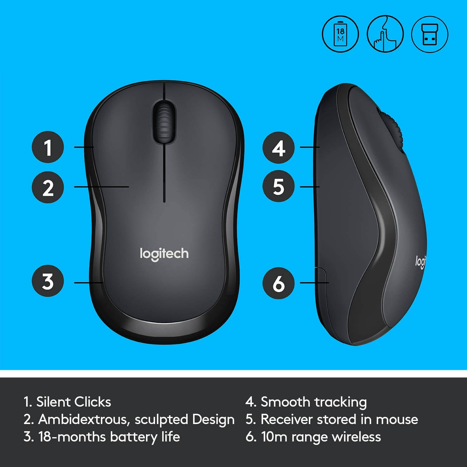 Logitech M220 SILENT WIRELESS MOUSE – Black Charcoal & Blue