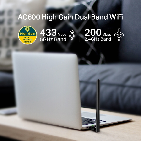 TP- Link AC600 High Gain Wireless Dual Band USB Adapter - Archer T2U Plus