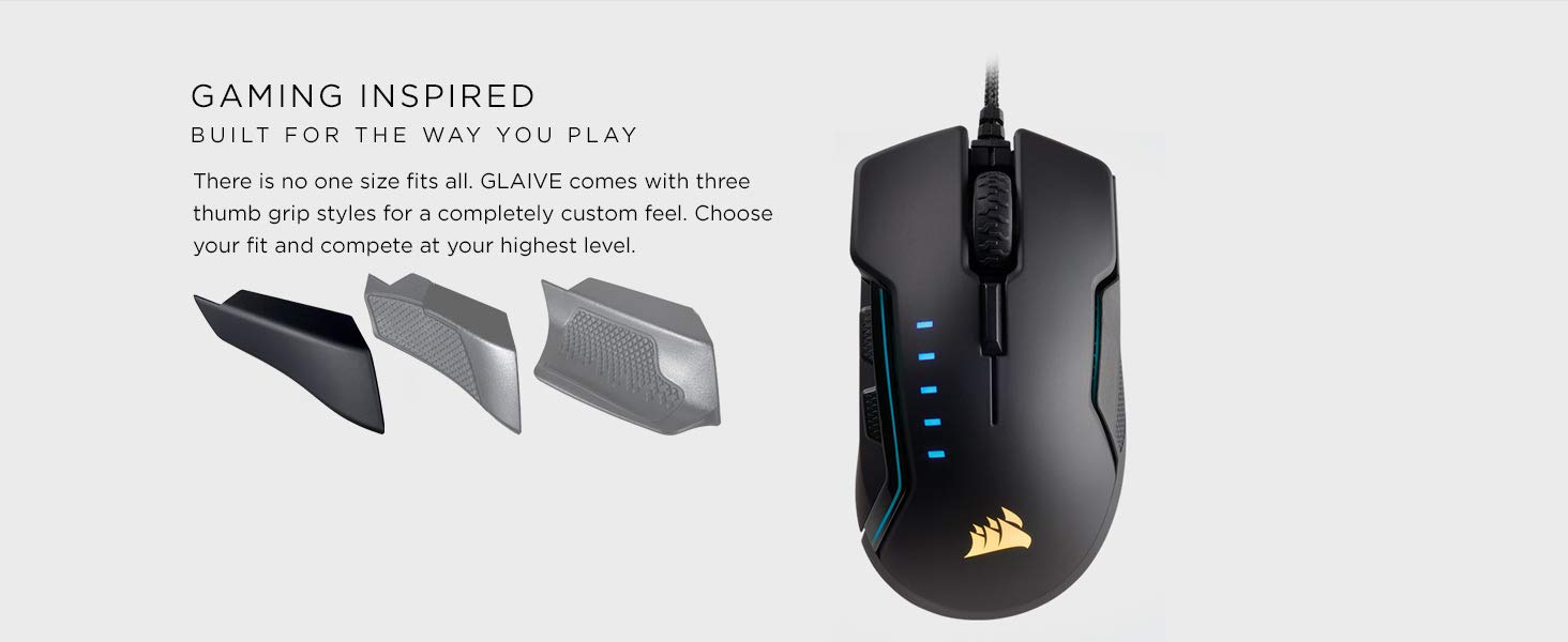 CORSAIR Glaive – RGB Gaming Mouse – Comfortable & Ergonomic – Interchangeable Grips – 16000 DPI Optical Sensor