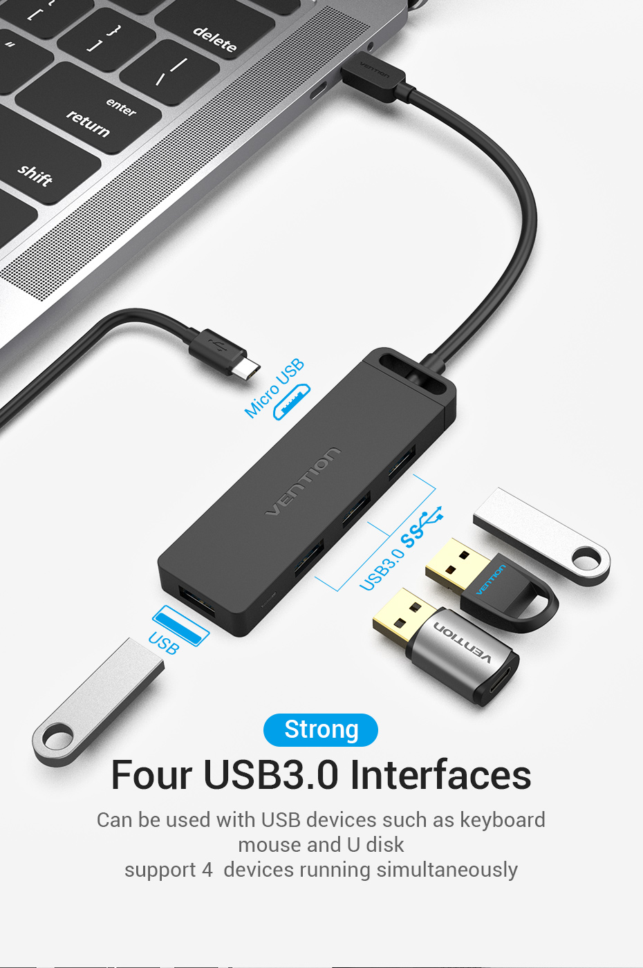 Vention Type-C to 4-Port USB 3.0 Hub with Power Supply Black 0.15M ABS Type Premium Quality