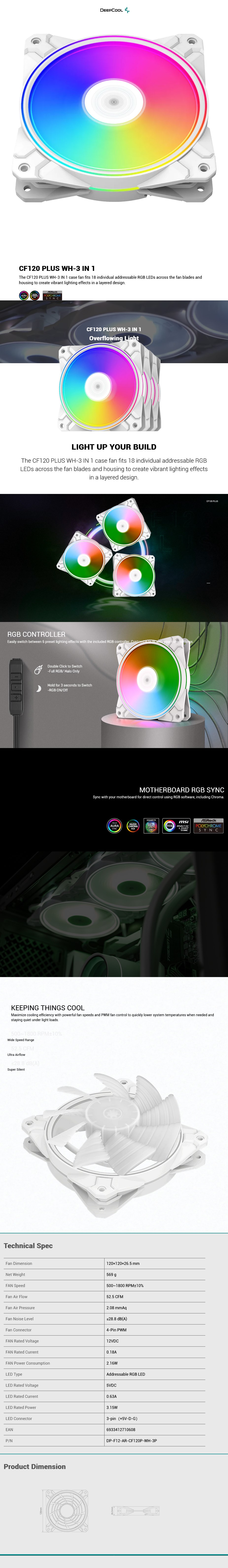 DEEPCOOL CF120 Plus 3x120mm PWM A-RGB Dual Loop Lighting Zones High Airflow & Low-Noise – White