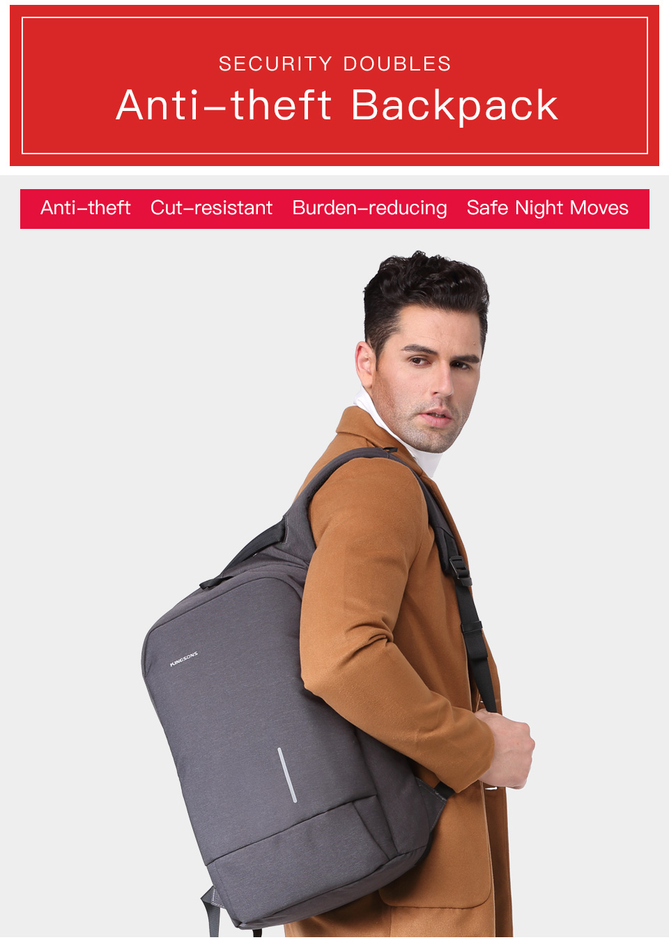 Kingsons Smart Anti Theft USB Series 17.3″ Laptop Backpack – Dark Grey