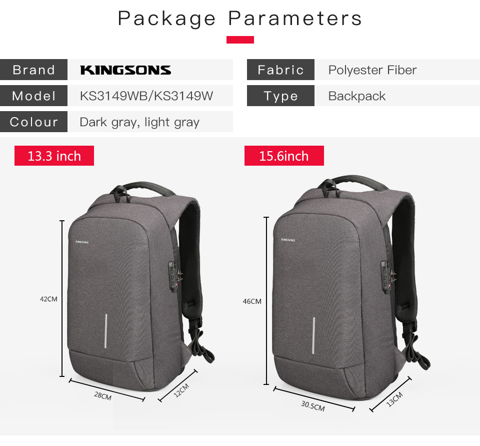 Kingsons Smart Anti Theft USB Series 17.3″ Laptop Backpack – Dark Grey