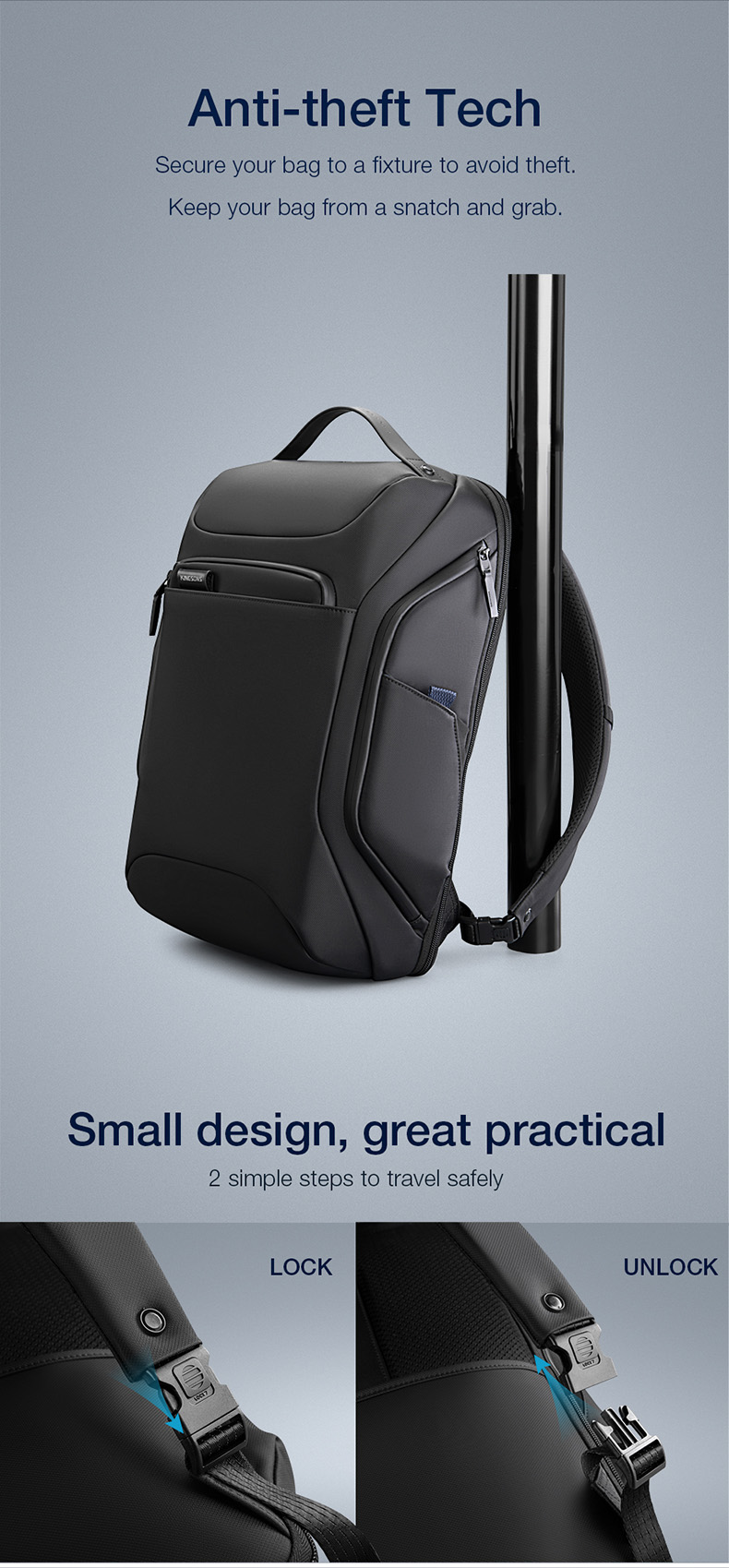 Kingsons Laptop Backpacks 15.6” inch Anti-Theft Polyester KS3237W-Black