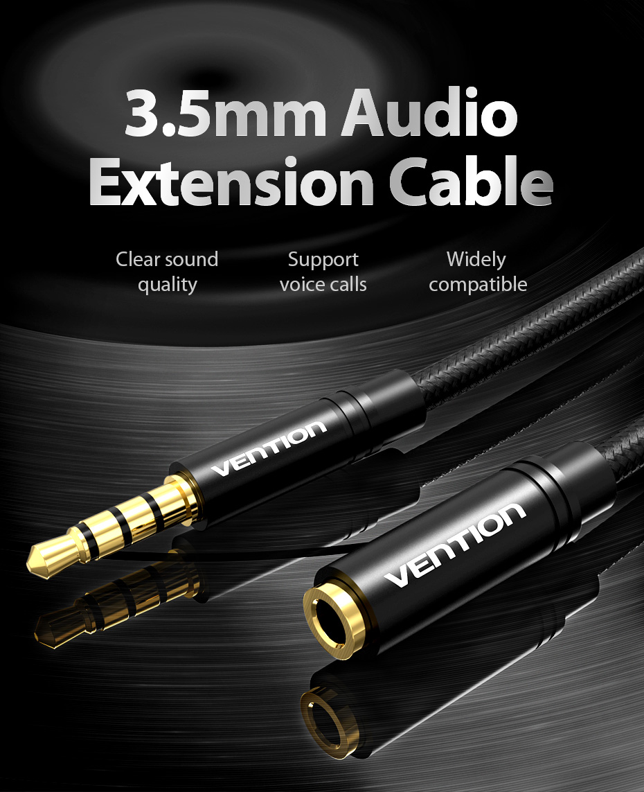 Vention Cotton Braided 3.5mm Audio Extension Cable 1M Black Metal Type Premium Quality