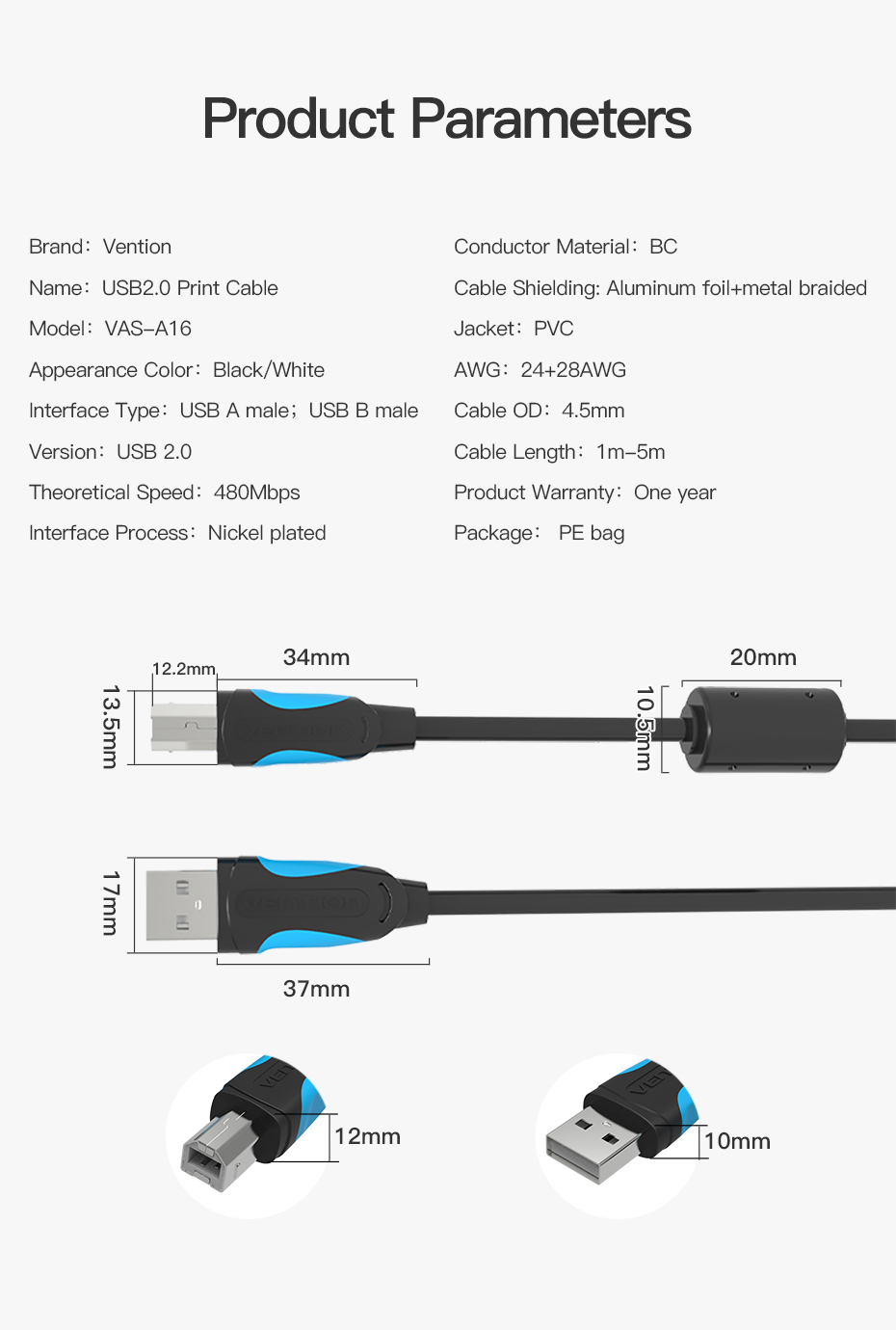 Vention USB2.0 A Male to B Male Print Cable 3M Black Premium Quality