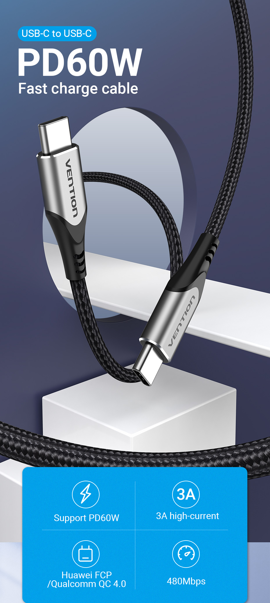 Vention USB 2.0 C Male to C Male Cable 2M Gray Aluminum Alloy Type Premium Quality