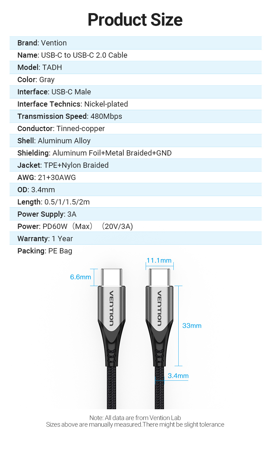 Vention USB 2.0 C Male to C Male Cable 2M Gray Aluminum Alloy Type Premium Quality