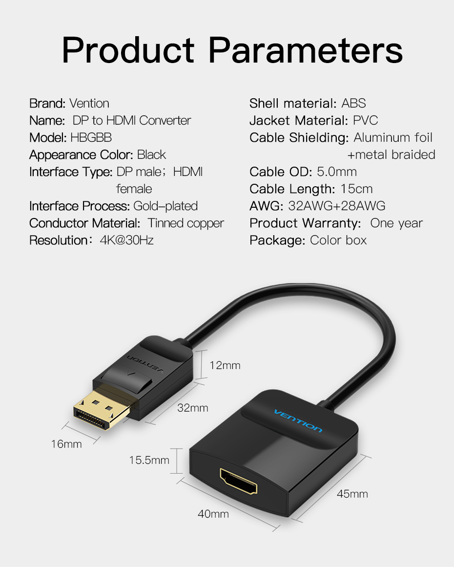 Vention DP to HDMI Converter 0.15M Black Premium Quality