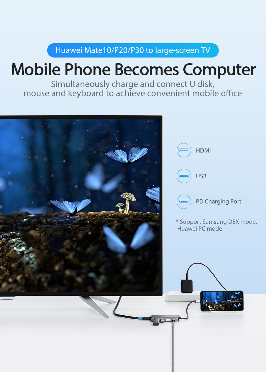 Vention Type-C to HDMI/USB3.0*3/PD Converter 0.15M Gray Metal Type Premium Quality