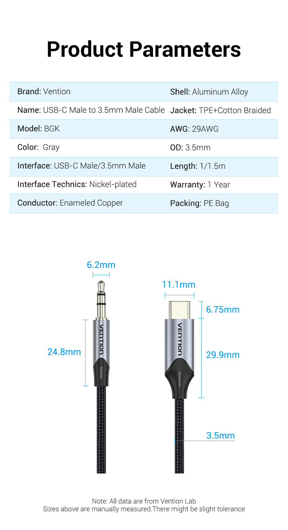 Vention USB-C Male to 3.5MM Male Cable 1.5M Gray Aluminium Alloy Type Premium Quality