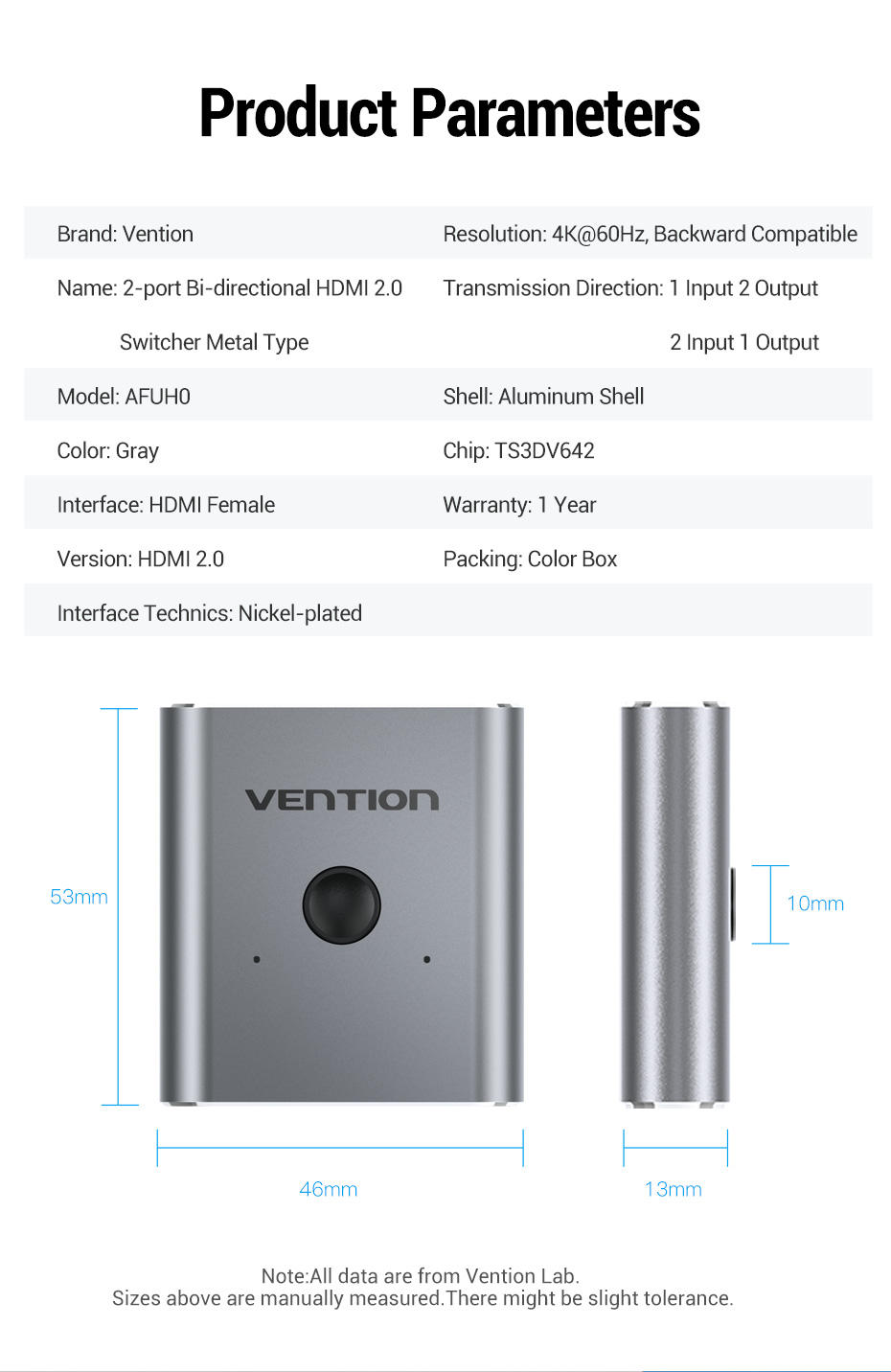 Vention 2-Port HDMI Bi-Direction Switcher Silver Premium Quailty