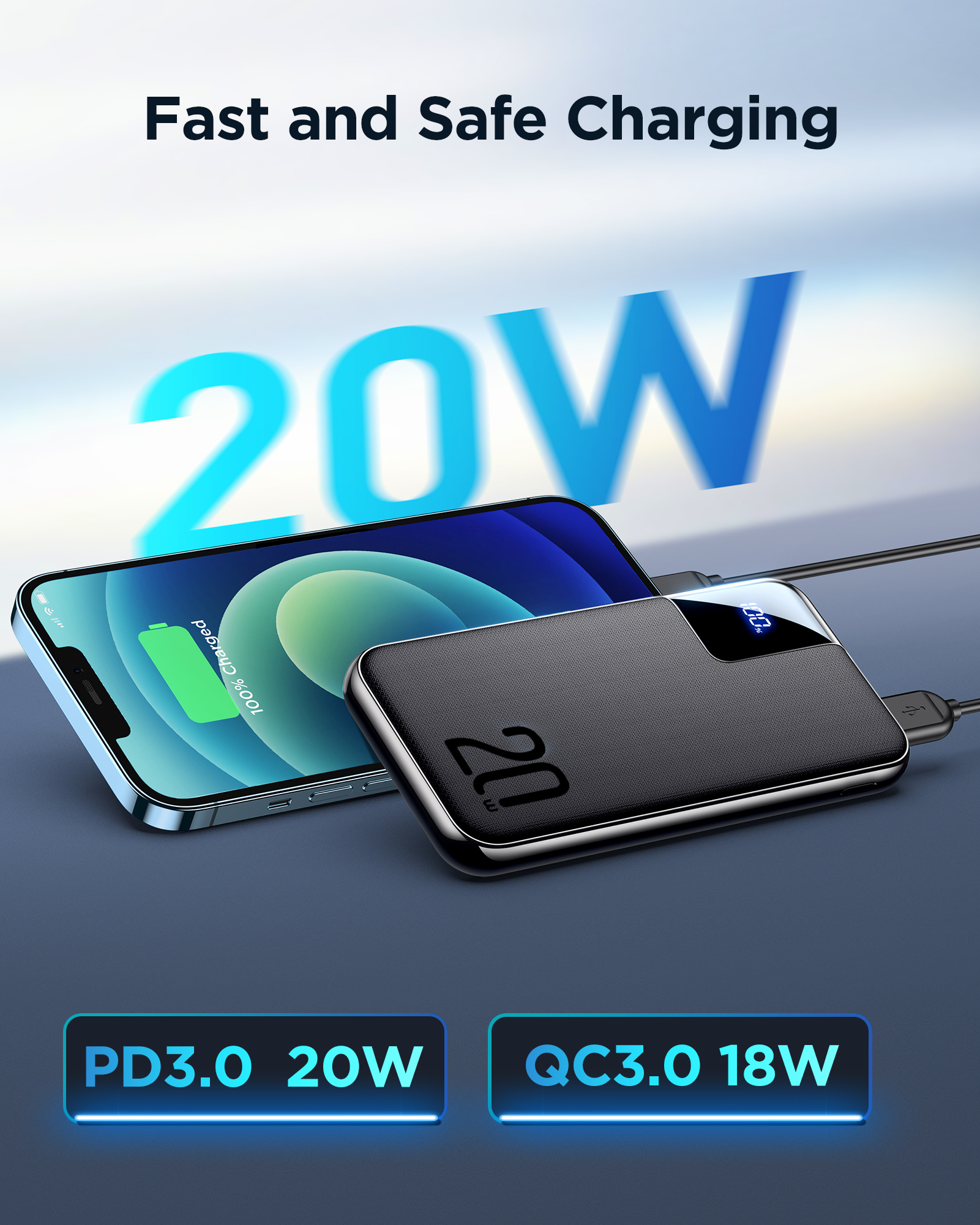 JOYROOM 20W PD Fast Charging 20000mAh Power Bank Digital Display-Black