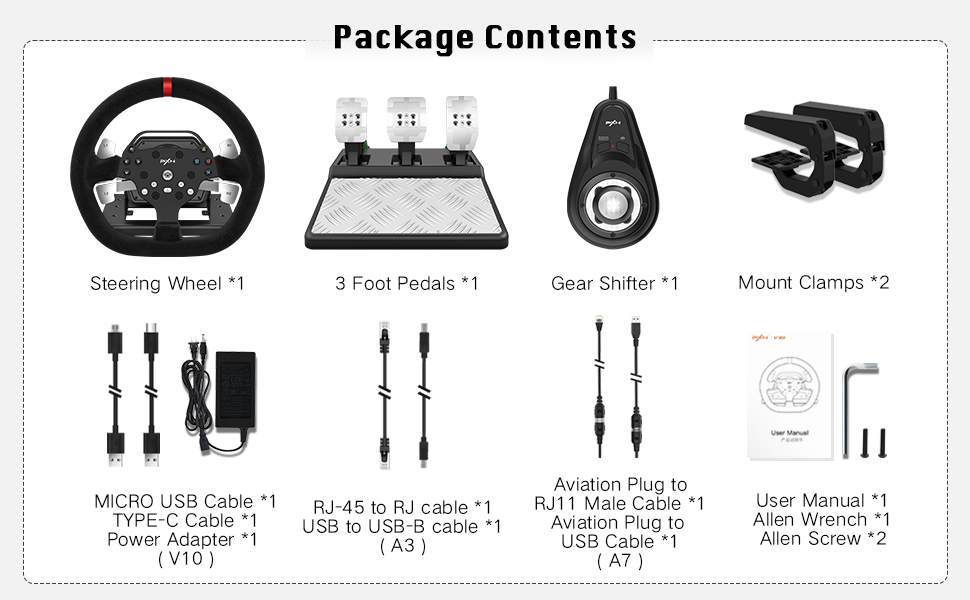 PXN Steering Wheel ( V10 / A7 / A3 ) Race Steering Wheel with 3-Pedals and Shifter Bundle