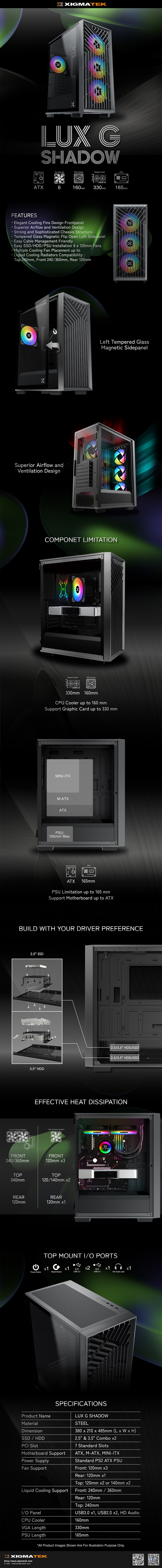 XIGMATEK LUX G SHADOW ATX Black Acrylic Fan & ARGB Fan Control GAMING CASE