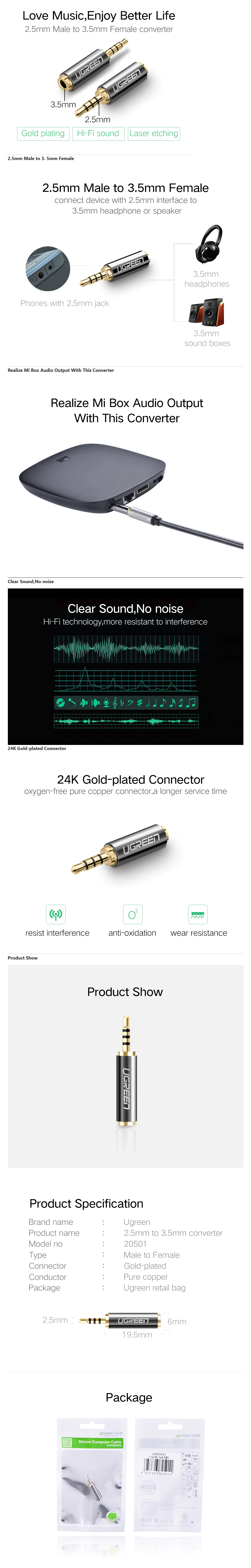 UGREEN 20502 3.5mm Male to 2.5mm Female Adapter