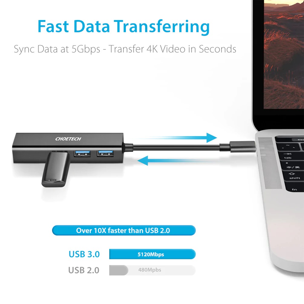 CHOETECH Convertor Type-C To Ethernet Giga + 3*USB| HUB-U02