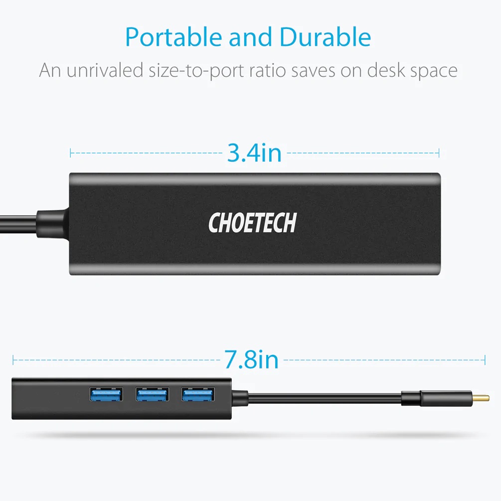 CHOETECH Convertor Type-C To Ethernet Giga + 3*USB| HUB-U02