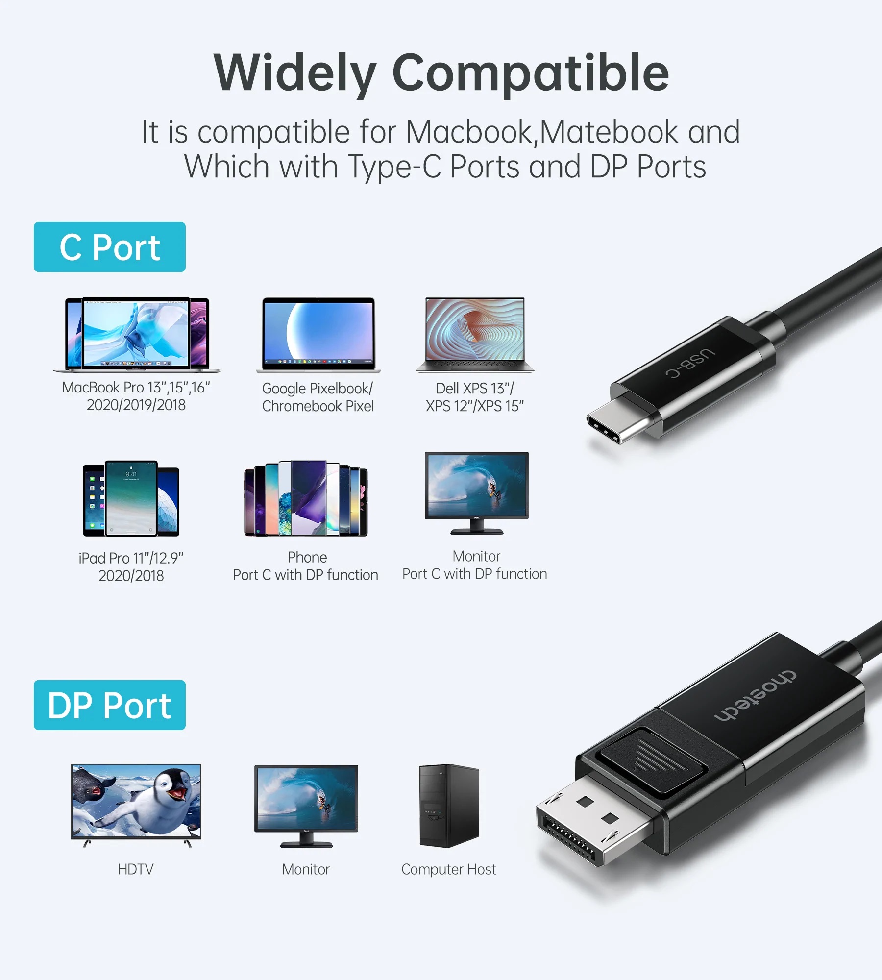 CHOETECH CABLE Type-C To DisplyPort 8K, 1.8M| XCP-1803