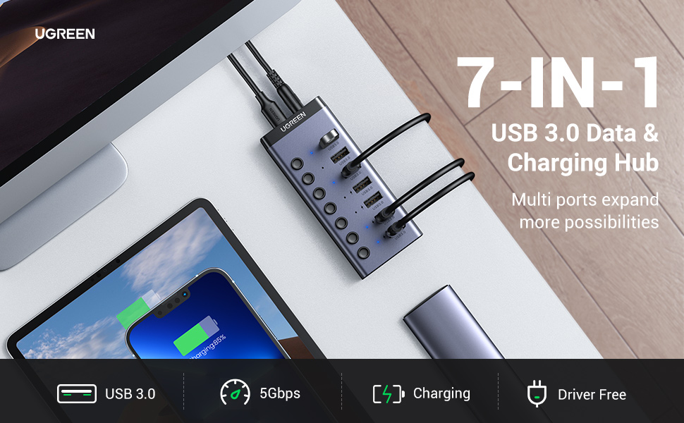 UGREEN USB 3.0 7 Port Individual Splitter Hub (4 USB Smart Charging Hub Switch）
