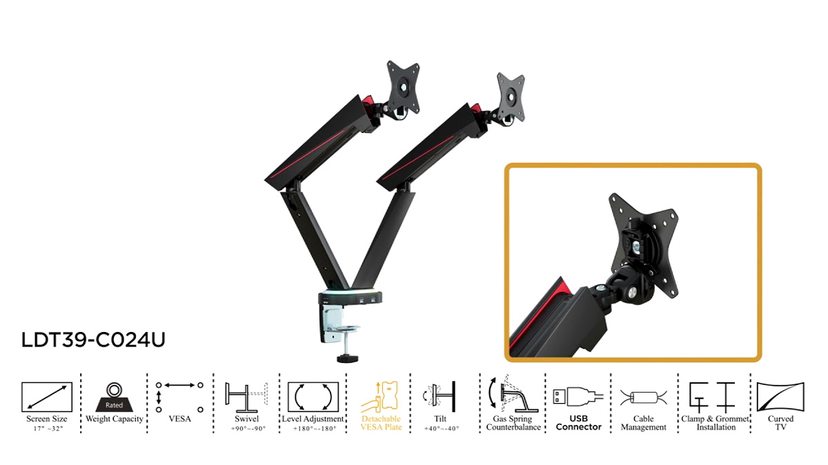 TWISTED MIND DAUL MONITOR SPRING-ASSISTED PRO GAMING MONITOR ARM WITH USB HUB RGB