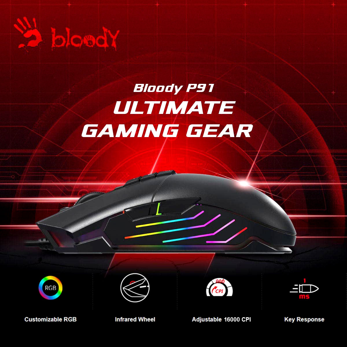 BLOODY P91 PRO LIGHT STRIKE - 16000 CPI RGB OPTICAL SWITCH (ACTIVATED ULTRACORE 3&4)