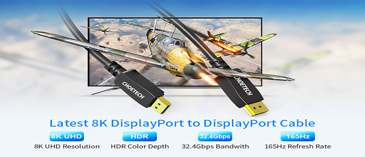 CHOETECH 8K DisplayPort Cable, Displayport To Displayport Cable 6.6ft/2M With 8K 60Hz Resolution 2M - 4K 165HZ