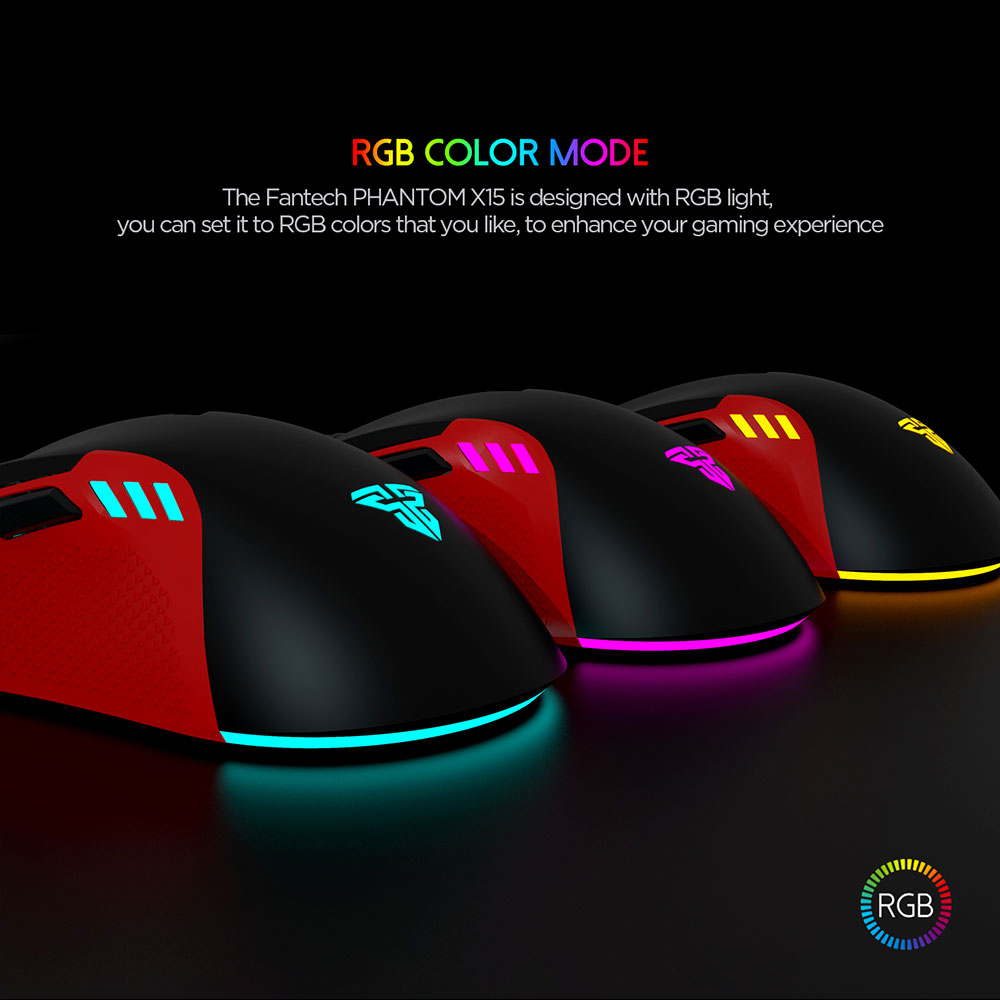 FANTECH X15 PHANTOM RGB GAMING MOUSE ( 2,400 DPI ) -125HZ POLLING RATE HUANO 3 MILLION CLICKS LIFETIME RGB 16.8 MILLION COLOR OPTIONS