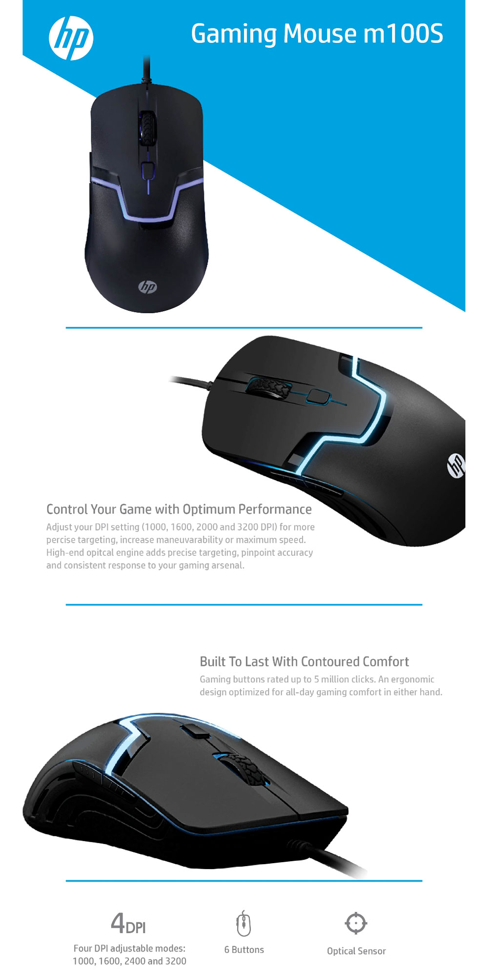 HP M100S LED 3200 DPI GAMING MOUSE