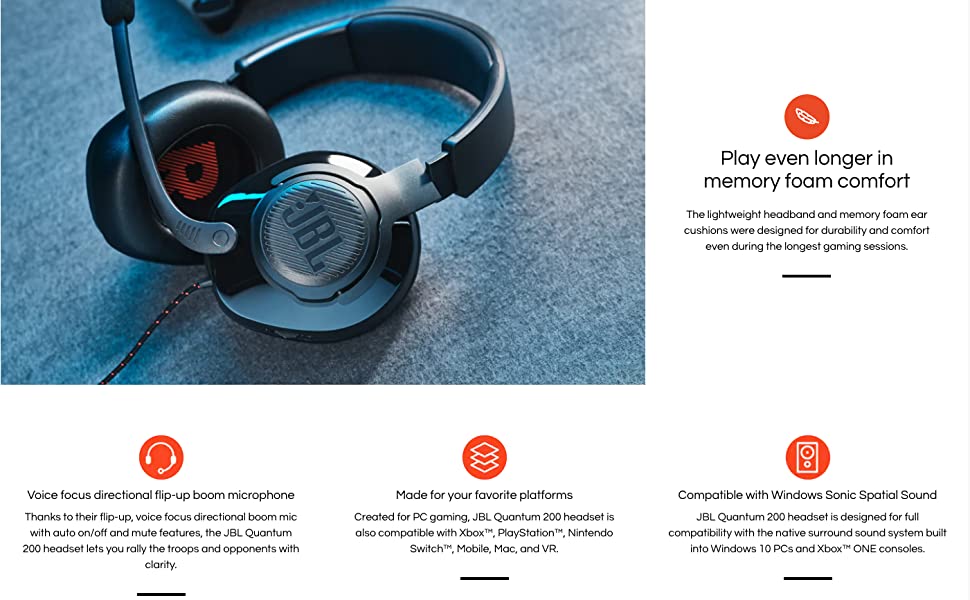 JBL QUANTUM 200 WIRED OVER-EAR GAMING HEADSET WITH MIC FLIP UP