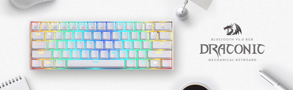 Redragon K530 RGB 61 Keys USB-C & Bluetooth for PC, Laptop, Cell Phone - White