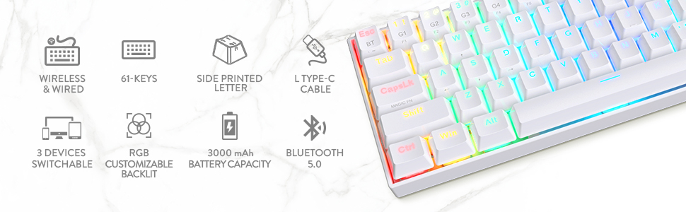 Redragon K530 RGB 61 Keys USB-C & Bluetooth for PC, Laptop, Cell Phone - White