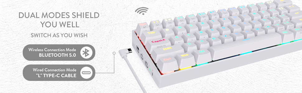 Redragon K530 RGB 61 Keys USB-C & Bluetooth for PC, Laptop, Cell Phone - White