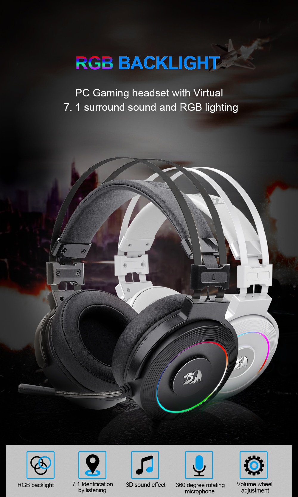 Redragon H320 Lamia 7.1 Surround Sound Volume Control Noise Cancelling RGB Light w/ Stand - Black