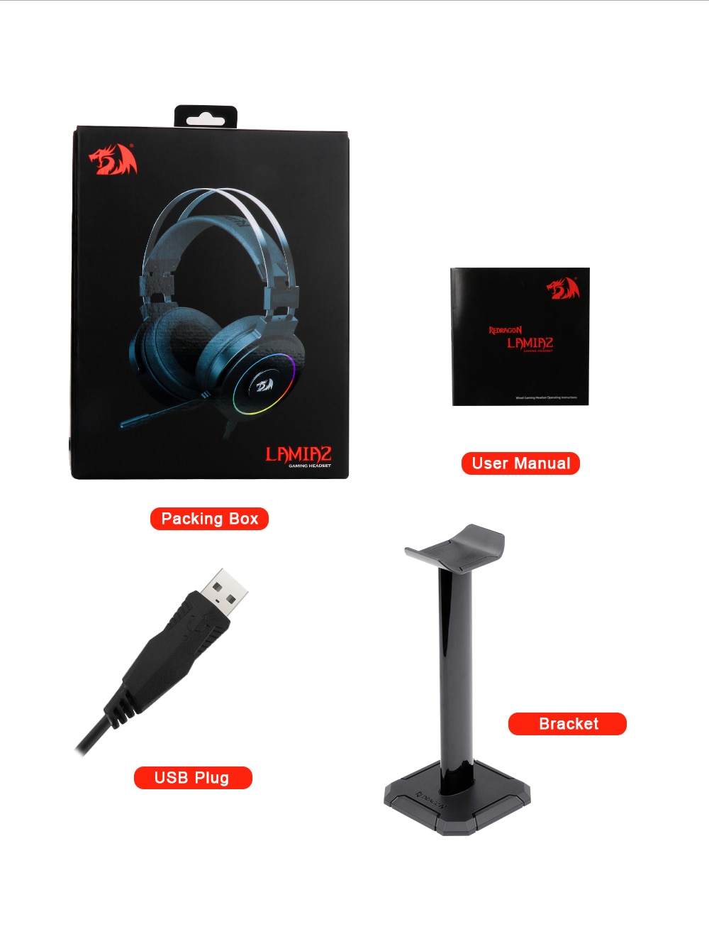 Redragon H320 Lamia 7.1 Surround Sound Volume Control Noise Cancelling RGB Light w/ Stand - Black