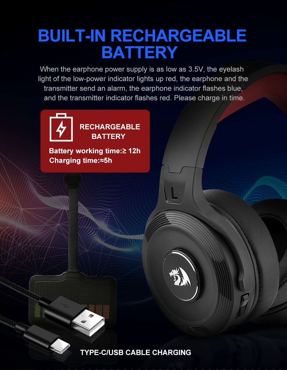 Redragon H818 Pro PELOPS Pro Wireless 7.1 Surround Sound up to 12 Hours Battery 40ft Signal Range