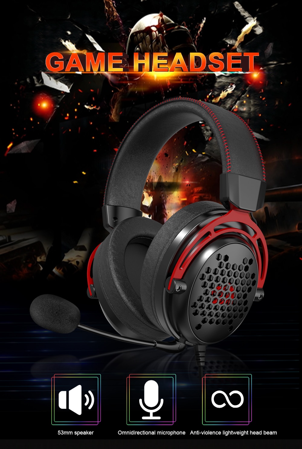Redragon H386 Diomedes Wired 7.1 Surround Sound 53MM Drivers Detachable Microphone Audio Controls - Black
