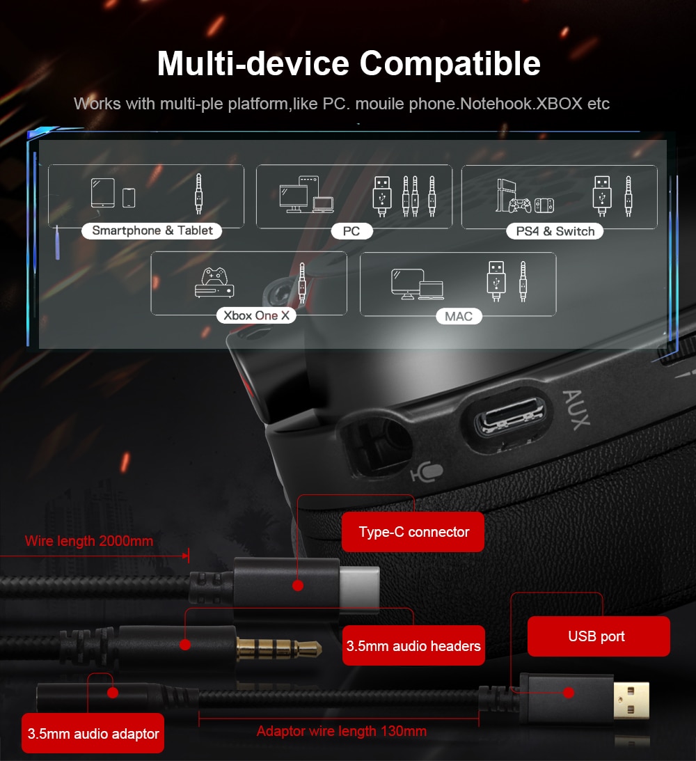Redragon H386 Diomedes Wired 7.1 Surround Sound 53MM Drivers Detachable Microphone Audio Controls - Black