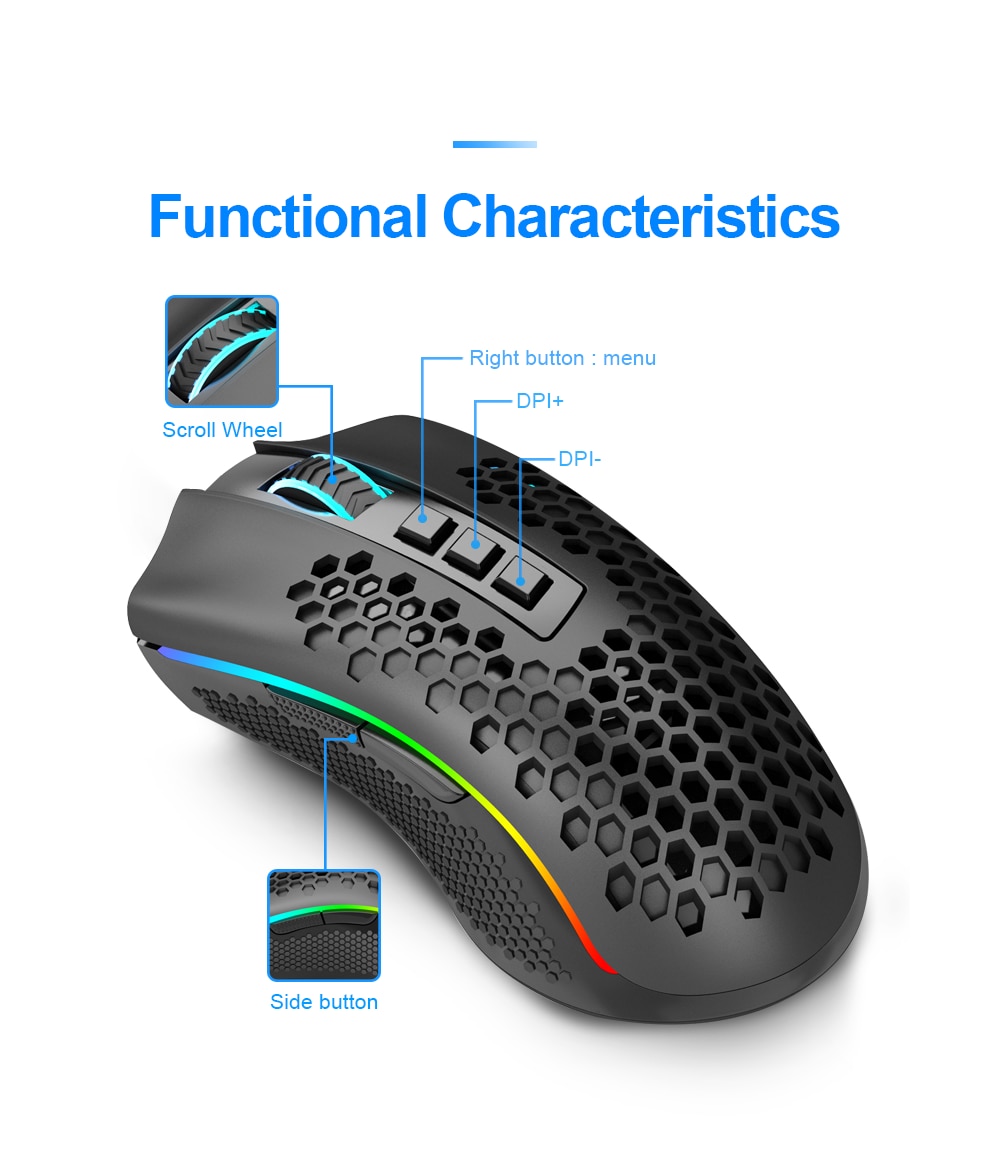 Redragon M808 Storm Pro Wireless RGB Honeycomb 16,000 DPI Optical Sensor 7 Programmable Buttons - White
