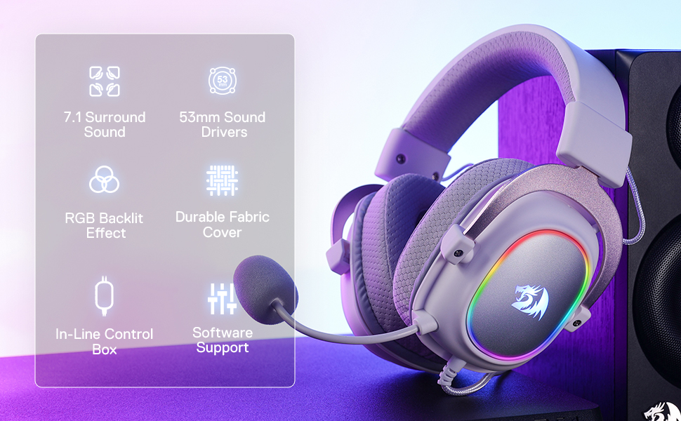 Redragon H510 Zeus-X RGB 7.1 Surround Sound 53MM Drivers Memory Foam Ear Pads w/Durable Fabric Cover - White