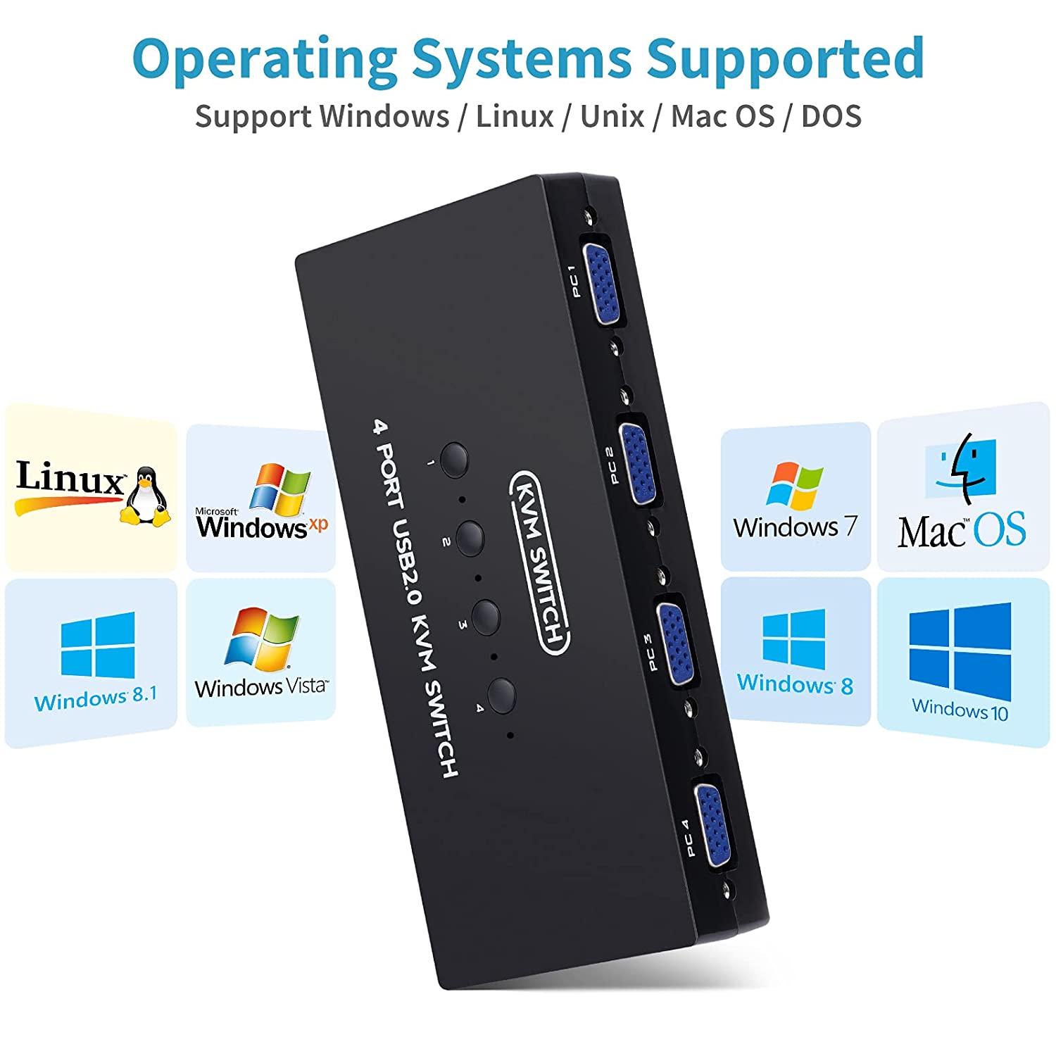 VGA KVM Switch with 4 KVM Cables