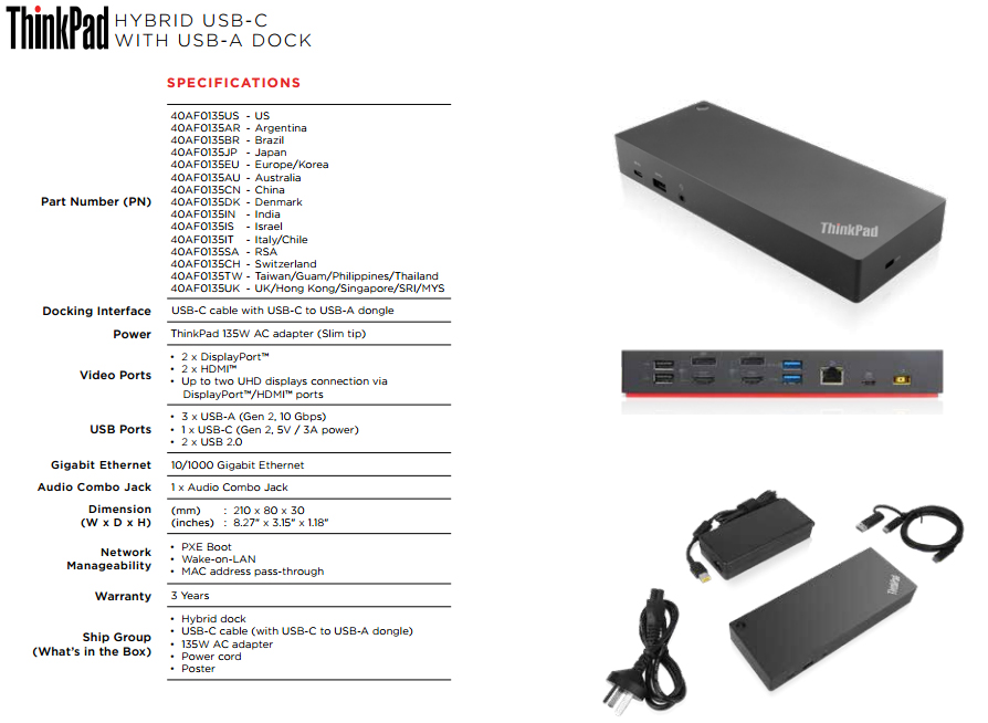 ThinkPad Hybrid USB-C with USB-A Dock  90w Adapter